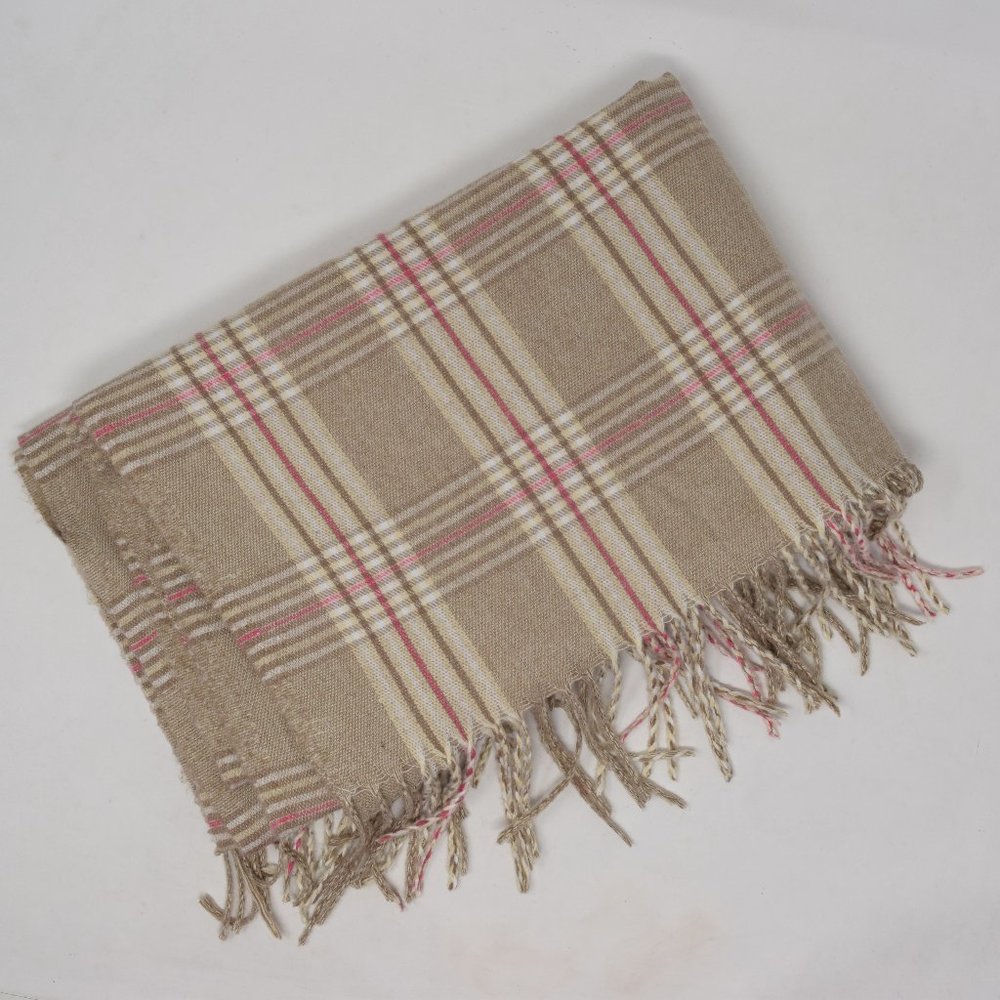 Neutral Scarf Wrap Shawl Plaid Fringe Acrylic Polyester Beige Cream Pink